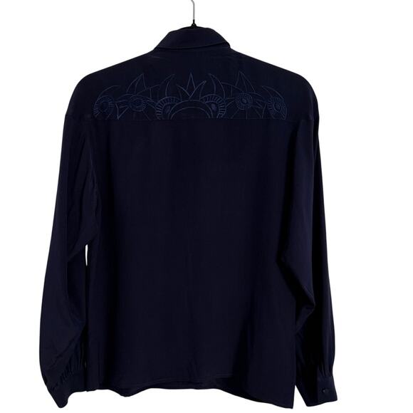 Pierre Cardin Women's 6 Embroidered Floral 100% Silk Pintuck Button Navy Blouse - Picture 2 of 7